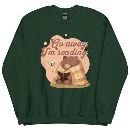 Go Away I'm Reading Sweatshirt - The Bean Workshop - Bookish Sweatshirt, Bookworm Graphic., Comfy Aesthetic, Cozy Introvert Reader Crewneck, Cozy Nights In, Crewneck Sweatshirt, fall, Funny Book Club Pullover, Funny Reading Quote, Go Away I'm Reading Sweatshirt, Hygge Style, Introvert Bear, Reading Marathon, Sweatshirt