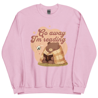 Go Away I'm Reading Sweatshirt - The Bean Workshop - Bookish Sweatshirt, Bookworm Graphic., Comfy Aesthetic, Cozy Introvert Reader Crewneck, Cozy Nights In, Crewneck Sweatshirt, fall, Funny Book Club Pullover, Funny Reading Quote, Go Away I'm Reading Sweatshirt, Hygge Style, Introvert Bear, Reading Marathon, Sweatshirt