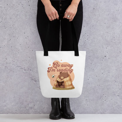 Go Away I'm Reading Tote Bag - The Bean Workshop - Book Haul, Book Lover Graphic., Book Tote, Bookish Aesthetic, Canvas Tote, Cute Retro, fall, Funny Bookworm Canvas Library Bag, Funny Quote, Go Away I'm Reading Tote Bag, Introvert Reader Market Tote, Library Bag, Reading Bear, Tote Bag