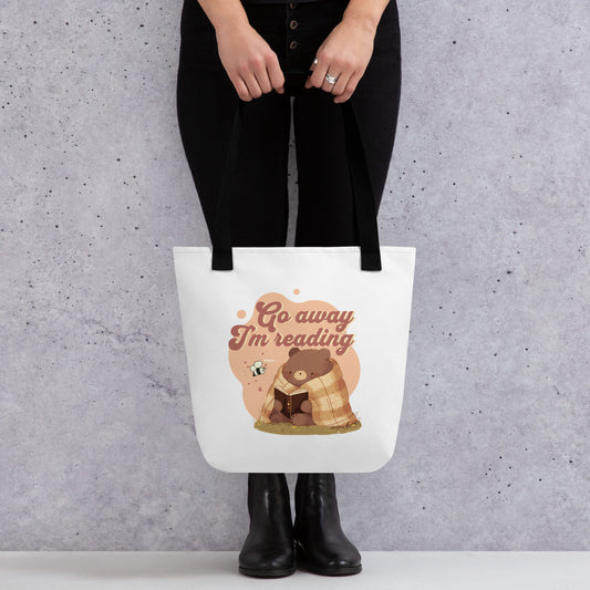 Go Away I'm Reading Tote Bag - The Bean Workshop - Book Haul, Book Lover Graphic., Book Tote, Bookish Aesthetic, Canvas Tote, Cute Retro, fall, Funny Bookworm Canvas Library Bag, Funny Quote, Go Away I'm Reading Tote Bag, Introvert Reader Market Tote, Library Bag, Reading Bear, Tote Bag