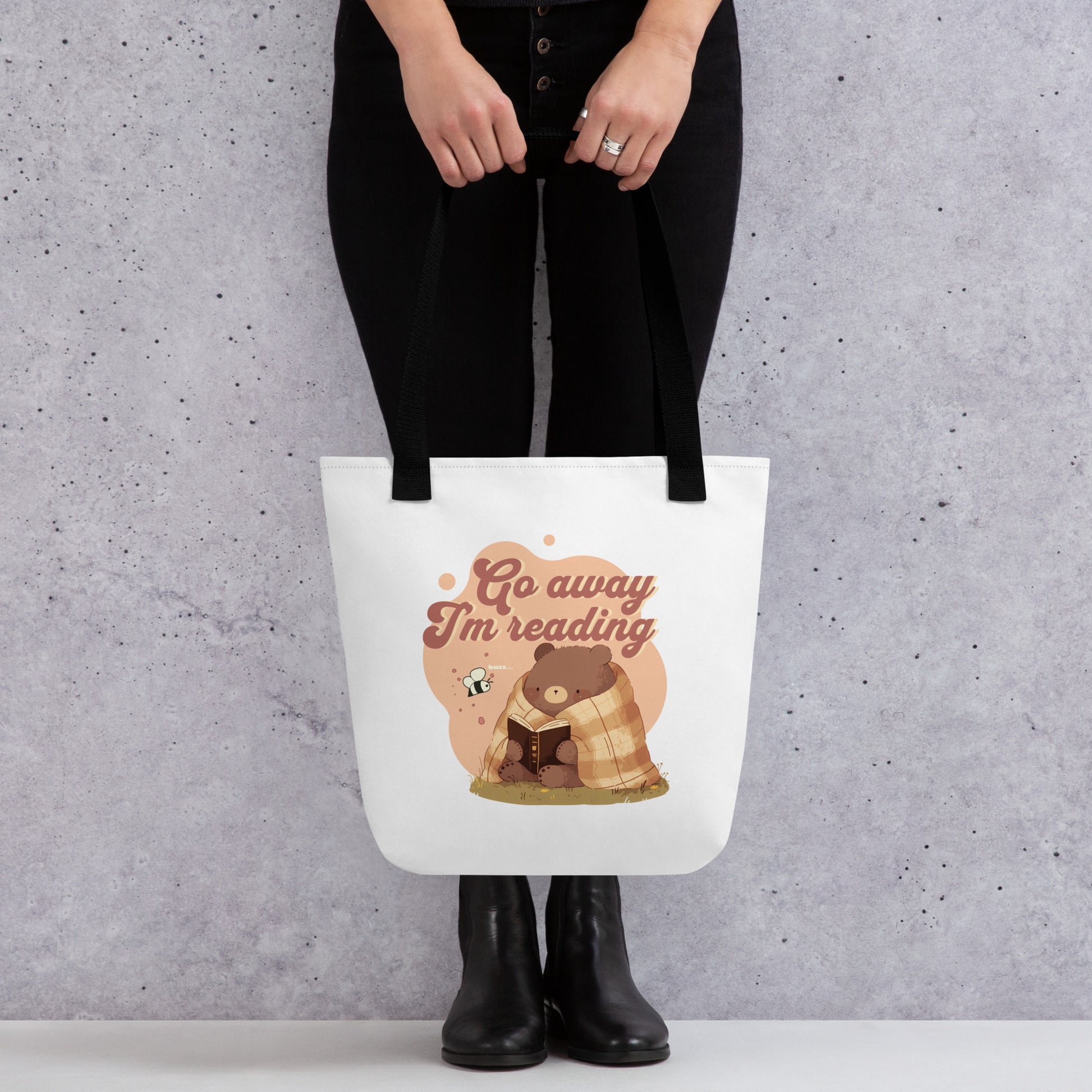 Go Away I'm Reading Tote Bag - The Bean Workshop - Book Haul, Book Lover Graphic., Book Tote, Bookish Aesthetic, Canvas Tote, Cute Retro, fall, Funny Bookworm Canvas Library Bag, Funny Quote, Go Away I'm Reading Tote Bag, Introvert Reader Market Tote, Library Bag, Reading Bear, Tote Bag