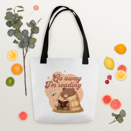 Go Away I'm Reading Tote Bag - The Bean Workshop - Book Haul, Book Lover Graphic., Book Tote, Bookish Aesthetic, Canvas Tote, Cute Retro, fall, Funny Bookworm Canvas Library Bag, Funny Quote, Go Away I'm Reading Tote Bag, Introvert Reader Market Tote, Library Bag, Reading Bear, Tote Bag