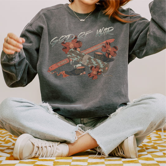 God of War Lord Zhangwei Sweatshirt - The Bean Workshop - Book lover gift idea, Bookish aesthetic, Celestial Kingdom, Comfort color sweatshirt, Fantasy battle axe design, Fantasy warrior aesthetic, God of War, Immortal, Sue Lynn Tan, Sweater, Sweatshirt, Weapon-inspired bookish art