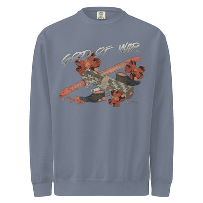 God of War Lord Zhangwei Sweatshirt - The Bean Workshop - Book lover gift idea, Bookish aesthetic, Celestial Kingdom, Comfort color sweatshirt, Fantasy battle axe design, Fantasy warrior aesthetic, God of War, Immortal, Sue Lynn Tan, Sweater, Sweatshirt, Weapon-inspired bookish art