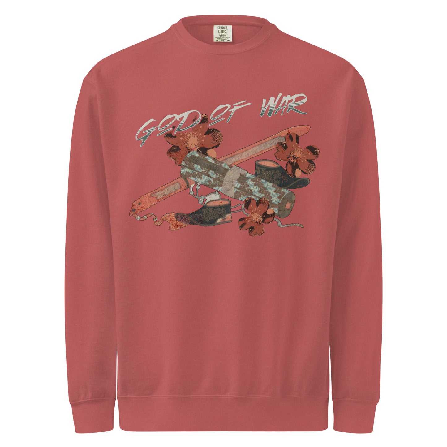 God of War Lord Zhangwei Sweatshirt - The Bean Workshop - Book lover gift idea, Bookish aesthetic, Celestial Kingdom, Comfort color sweatshirt, Fantasy battle axe design, Fantasy warrior aesthetic, God of War, Immortal, Sue Lynn Tan, Sweater, Sweatshirt, Weapon-inspired bookish art