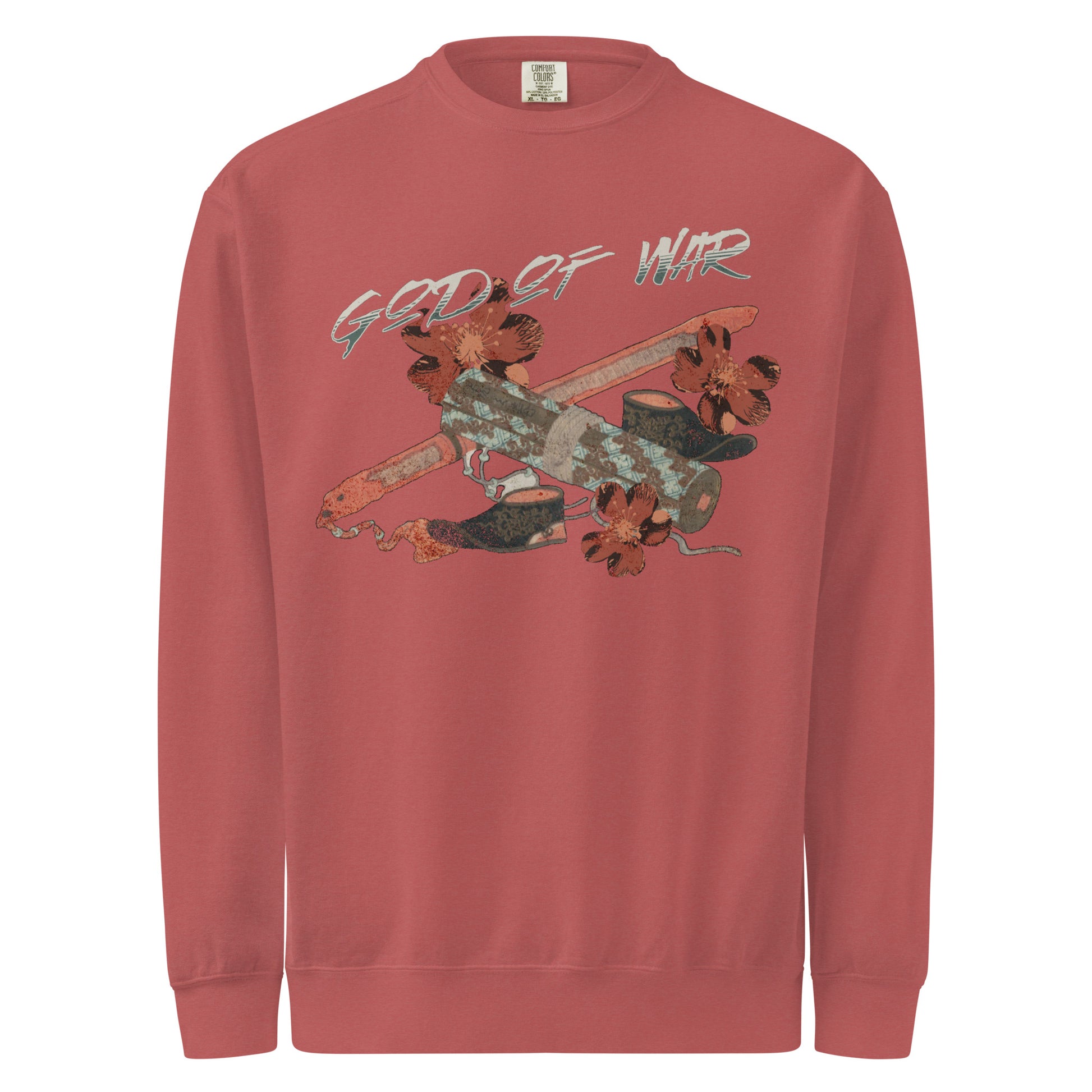 God of War Lord Zhangwei Sweatshirt - The Bean Workshop - Book lover gift idea, Bookish aesthetic, Celestial Kingdom, Comfort color sweatshirt, Fantasy battle axe design, Fantasy warrior aesthetic, God of War, Immortal, Sue Lynn Tan, Sweater, Sweatshirt, Weapon-inspired bookish art