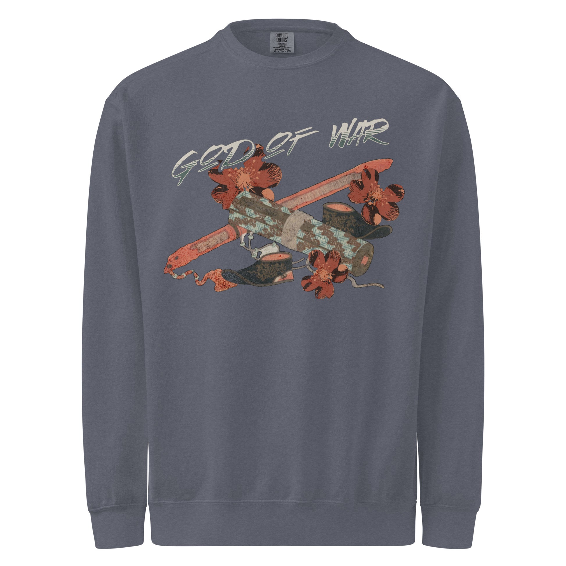 God of War Lord Zhangwei Sweatshirt - The Bean Workshop - Book lover gift idea, Bookish aesthetic, Celestial Kingdom, Comfort color sweatshirt, Fantasy battle axe design, Fantasy warrior aesthetic, God of War, Immortal, Sue Lynn Tan, Sweater, Sweatshirt, Weapon-inspired bookish art