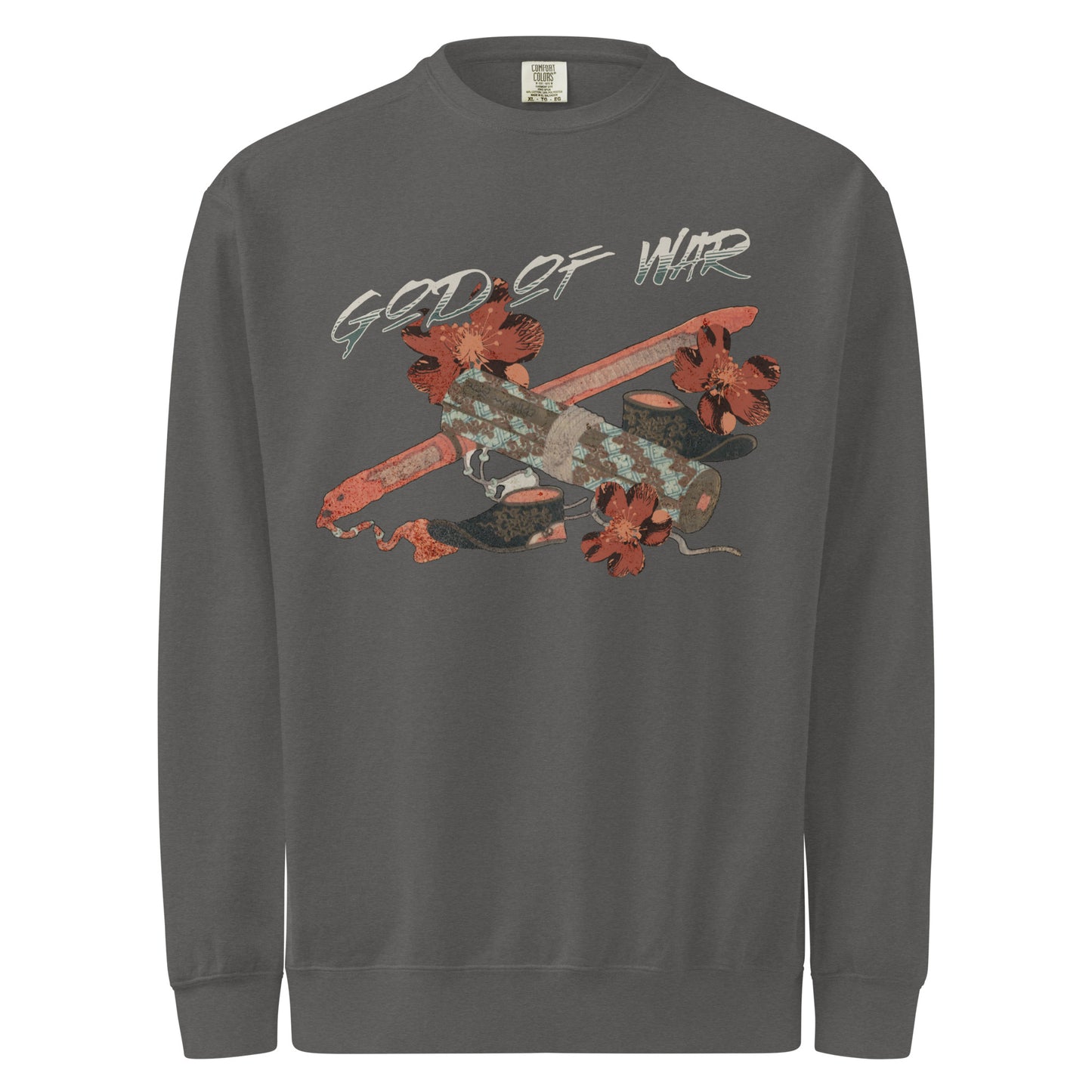 God of War Lord Zhangwei Sweatshirt - The Bean Workshop - Book lover gift idea, Bookish aesthetic, Celestial Kingdom, Comfort color sweatshirt, Fantasy battle axe design, Fantasy warrior aesthetic, God of War, Immortal, Sue Lynn Tan, Sweater, Sweatshirt, Weapon-inspired bookish art