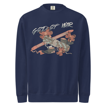 God of War Lord Zhangwei Sweatshirt - The Bean Workshop - Book lover gift idea, Bookish aesthetic, Celestial Kingdom, Comfort color sweatshirt, Fantasy battle axe design, Fantasy warrior aesthetic, God of War, Immortal, Sue Lynn Tan, Sweater, Sweatshirt, Weapon-inspired bookish art