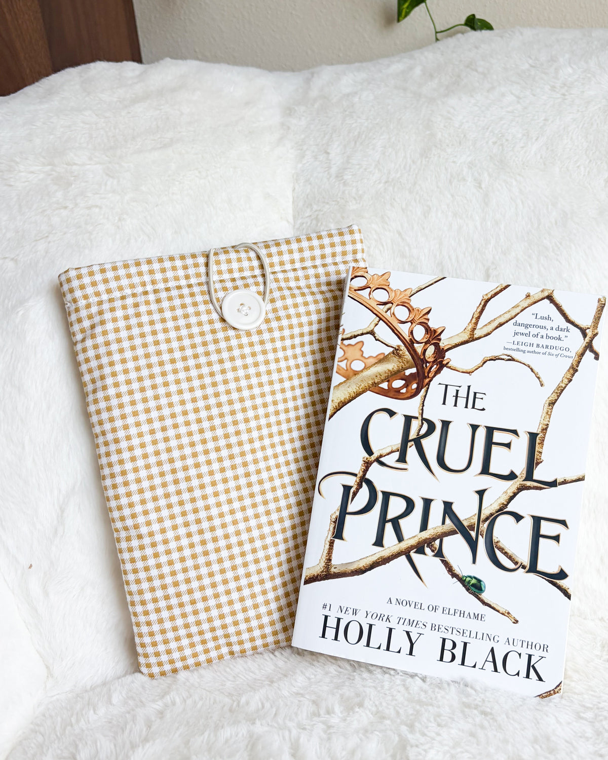 Golden Gingham Book Sleeve & Kindle Sleeve with Button Closure - The Bean Workshop - book sleeve, bookish gift, cottagecore, cotton book sleeve, ereader sleeve, gingham, gingham book sleeve, kindle sleeve, olive book sleeve, reader gift