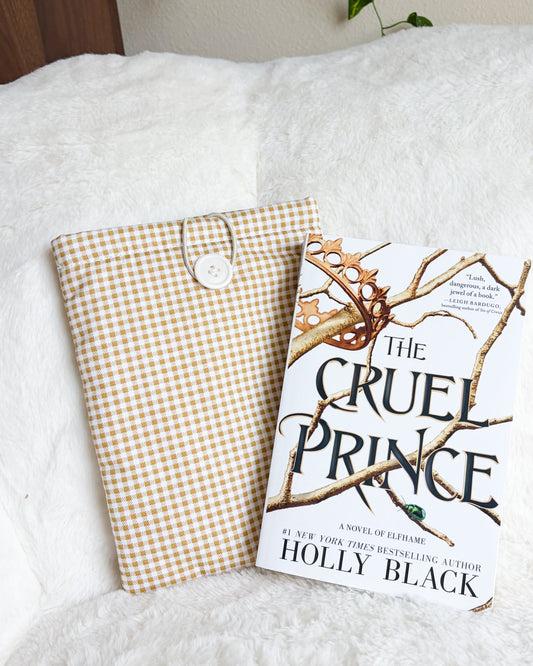 Golden Gingham Book Sleeve & Kindle Sleeve with Button Closure - The Bean Workshop - book sleeve, bookish gift, cottagecore, cotton book sleeve, ereader sleeve, gingham, gingham book sleeve, kindle sleeve, olive book sleeve, reader gift