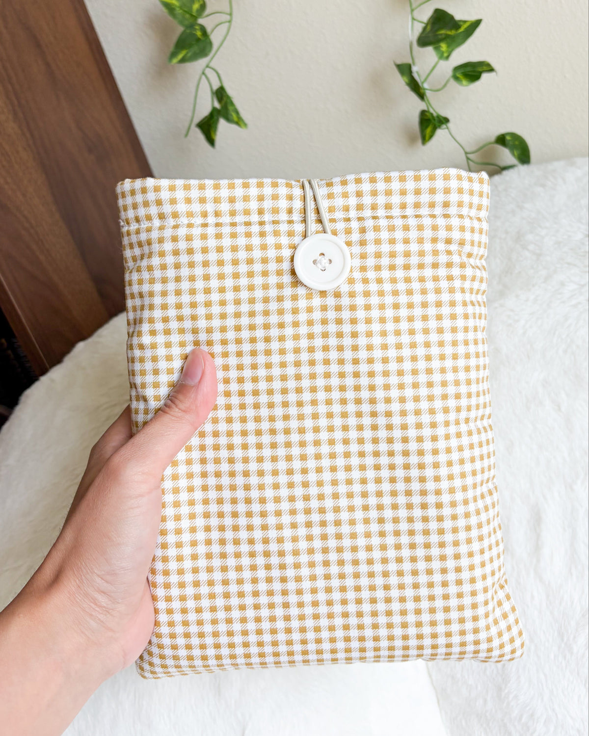 Golden Gingham Book Sleeve & Kindle Sleeve with Button Closure - The Bean Workshop - book sleeve, bookish gift, cottagecore, cotton book sleeve, ereader sleeve, gingham, gingham book sleeve, kindle sleeve, olive book sleeve, reader gift