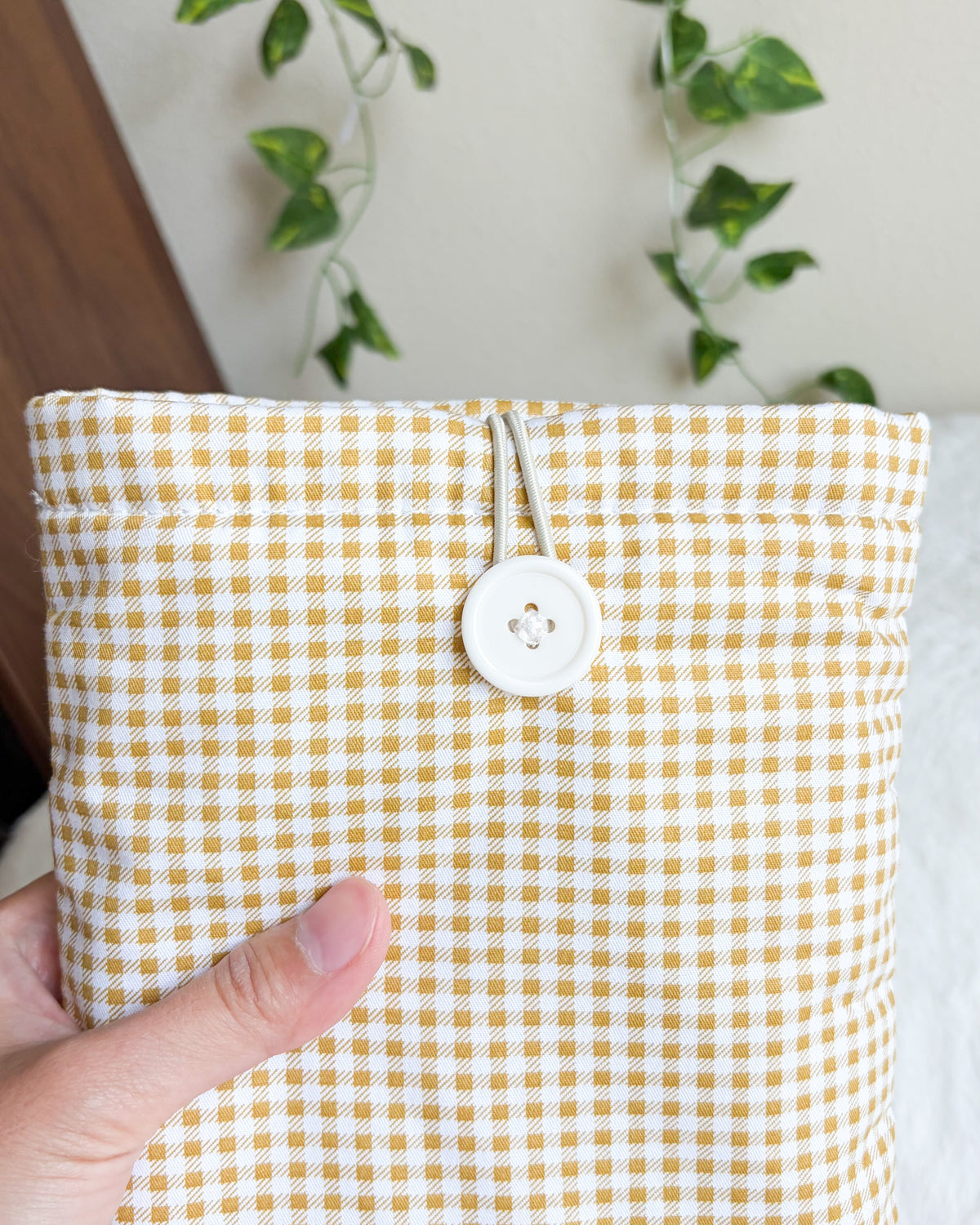 Golden Gingham Book Sleeve & Kindle Sleeve with Button Closure - The Bean Workshop - book sleeve, bookish gift, cottagecore, cotton book sleeve, ereader sleeve, gingham, gingham book sleeve, kindle sleeve, olive book sleeve, reader gift