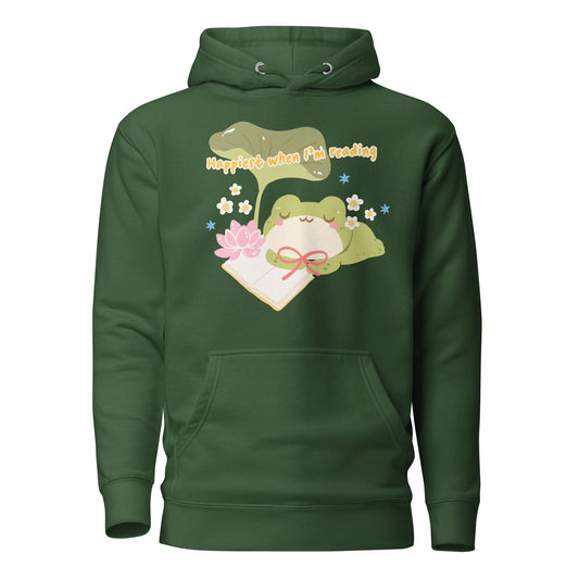 Happiest When I'm Reading Premium Hoodie - The Bean Workshop - Cozy Forestcore Hoodie for Readers, Forestcore, Happiest when I'm reading, Hoodie, Leaf Illustration, Literary Fandom, Rainy Day Gear, Reading Nook, Relaxed Style, Sleeping Frog Reading Hoodie, The Bean Workshop, Travel Outfit, Whimsical