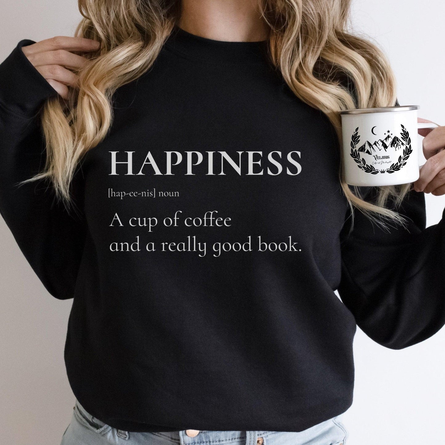 Happiness is a Cup of Coffee and a Good Book Sweatshirt - The Bean Workshop - book lover, bookish, minimalistic, sweatshirt