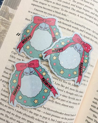 Happy Reading Christmas Wreath Holographic Sticker - The Bean Workshop - book lover gift, Bookish Christmas, bookish gift, bookish sticker, Bookworm Christmas, christmas, Christmas Gift, Christmas sticker, die cut sticker, holiday sticker, holographic sticker, reader gift, sticker, vinyl sticker