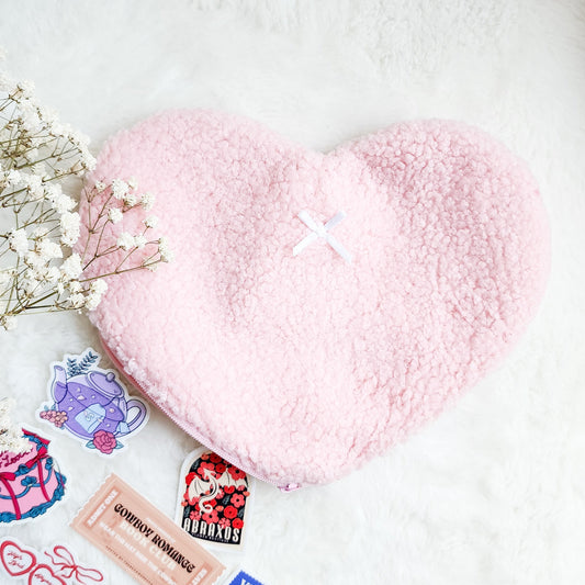 Heart Shaped Teddy Zipper Pouch — Bookish Accessory Bag - The Bean Workshop - book lover gift, bookish accessories, coquette zipper pouch, heart shaped pouch, teddy fabric bag