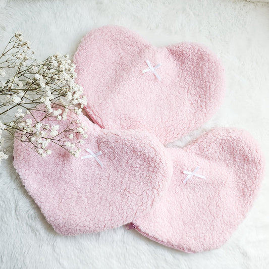Heart Shaped Teddy Zipper Pouch — Bookish Accessory Bag - The Bean Workshop - book lover gift, bookish accessories, coquette zipper pouch, heart shaped pouch, teddy fabric bag