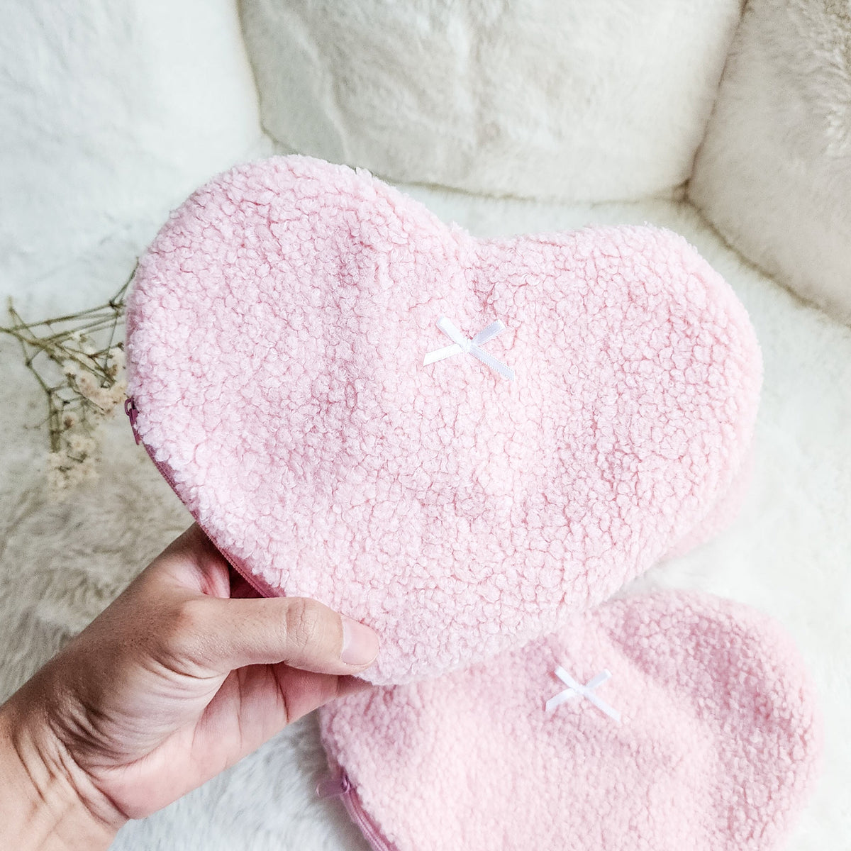 Heart Shaped Teddy Zipper Pouch — Bookish Accessory Bag - The Bean Workshop - book lover gift, bookish accessories, coquette zipper pouch, heart shaped pouch, teddy fabric bag