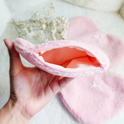 Heart Shaped Teddy Zipper Pouch — Bookish Accessory Bag - The Bean Workshop - book lover gift, bookish accessories, coquette zipper pouch, heart shaped pouch, teddy fabric bag