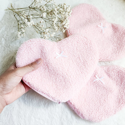Heart Shaped Teddy Zipper Pouch — Bookish Accessory Bag - The Bean Workshop - book lover gift, bookish accessories, coquette zipper pouch, heart shaped pouch, teddy fabric bag
