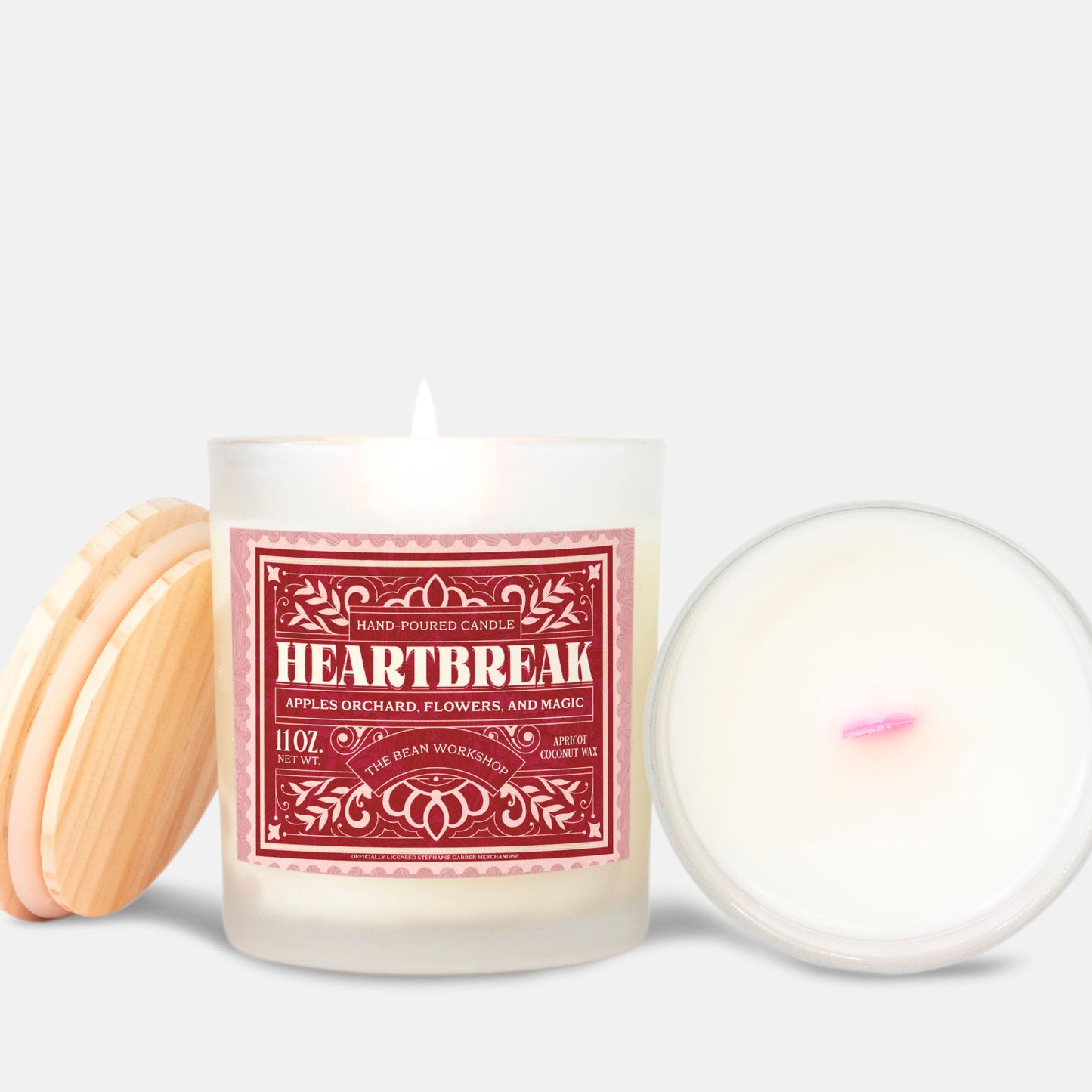 Heartbreak candle in frosted glass with pink wooden wick and decorative lid