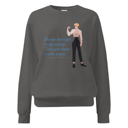 Heroes Don't Get Happy Endings Heavyweight Sweatshirt - The Bean Workshop - Blue Serif Typography, Cozy Loungewear, Cream and Black Color Palette, Dark Fairytale, Fae Prince Aesthetic, Heavyweight Sweatshirt, Heroes Dont Get Happy Endings Heavyweight Sweatshirt for Book Lovers, Illustrated Jacks Character Art, Jacks Prince of Hearts Quote Merch, Once Upon a Broken Heart, Stephanie Garber, Travel Day Comfort