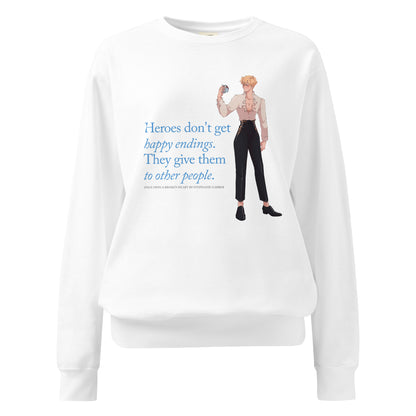 Heroes Don't Get Happy Endings Heavyweight Sweatshirt - The Bean Workshop - Blue Serif Typography, Cozy Loungewear, Cream and Black Color Palette, Dark Fairytale, Fae Prince Aesthetic, Heavyweight Sweatshirt, Heroes Dont Get Happy Endings Heavyweight Sweatshirt for Book Lovers, Illustrated Jacks Character Art, Jacks Prince of Hearts Quote Merch, Once Upon a Broken Heart, Stephanie Garber, Travel Day Comfort