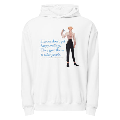 Heroes Don't Get Happy Endings Lightweight Hoodie - The Bean Workshop - Blue Serif Typography, Cozy Reading Wear, Cream and Black Color Palette, Dark Fairytale, Fae Prince Aesthetic, Heroes Dont Get Happy Endings Lightweight Hoodie for Book Lovers, Illustrated Jacks Character Art, Jacks Prince of Hearts Quote Merch, Layering Essential, Lightweight Hoodie, Once Upon a Broken Heart, Stephanie Garber