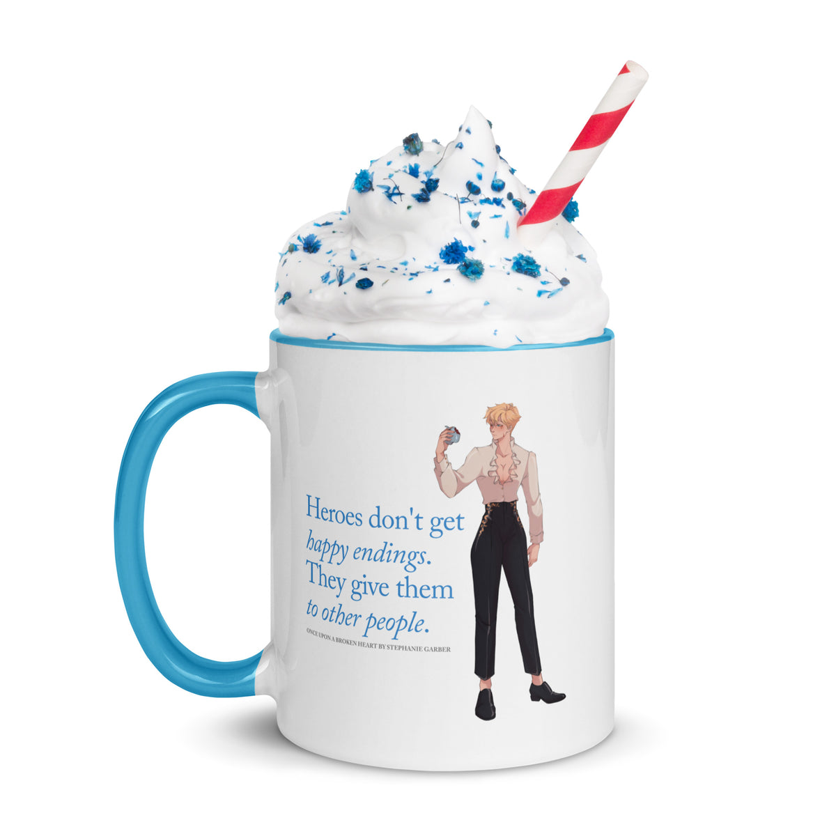 Heroes Don't Get Happy Endings Mug - The Bean Workshop - Blue Serif Typography, Ceramic Mug, Cream and Black Color Palette, Dark Fairytale, Fae Prince Aesthetic, Heroes Dont Get Happy Endings Ceramic Mug for Book Lovers, Illustrated Jacks Character Art, Jacks Prince of Hearts Quote Merch, Morning Coffee Ritual, Once Upon a Broken Heart, Reading Nook Companion, Stephanie Garber