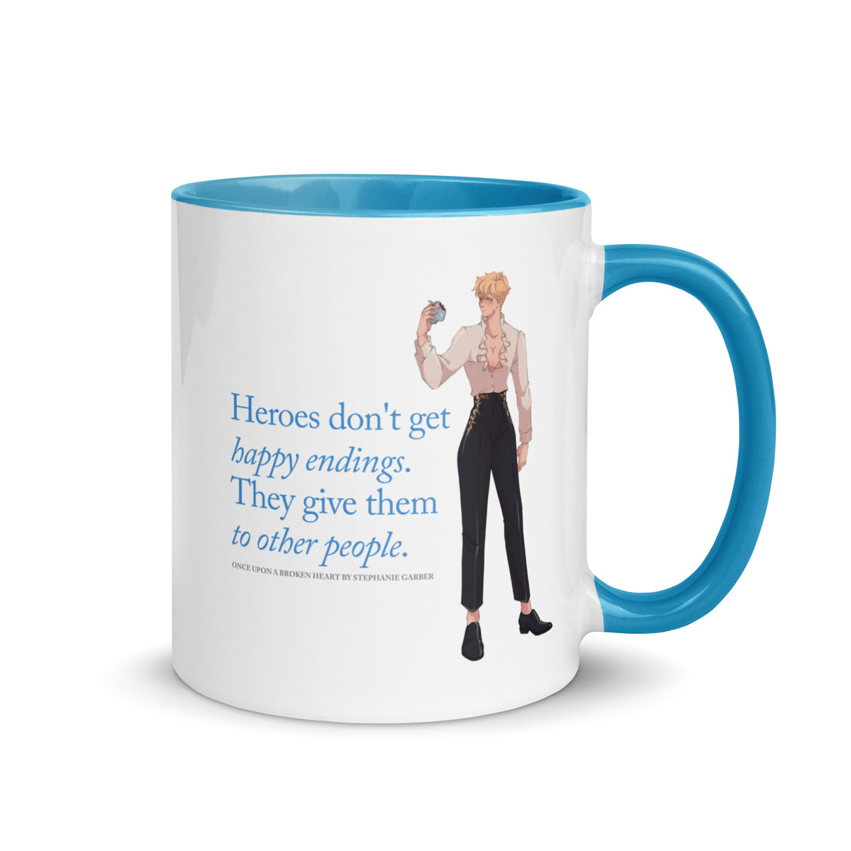 Heroes Don't Get Happy Endings Mug - The Bean Workshop - Blue Serif Typography, Ceramic Mug, Cream and Black Color Palette, Dark Fairytale, Fae Prince Aesthetic, Heroes Dont Get Happy Endings Ceramic Mug for Book Lovers, Illustrated Jacks Character Art, Jacks Prince of Hearts Quote Merch, Morning Coffee Ritual, Once Upon a Broken Heart, Reading Nook Companion, Stephanie Garber