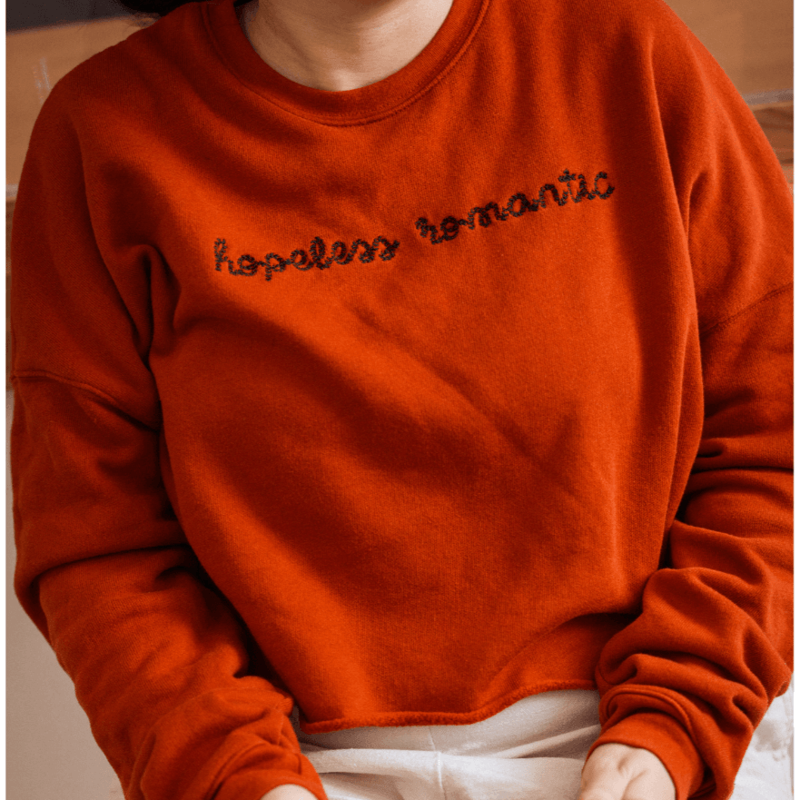Hopeless Romantic Embroidered Crop Sweatshirt - The Bean Workshop - book lover, bookish, coquette, crop top, cute, embroidered, minimalistic, sweatshirt