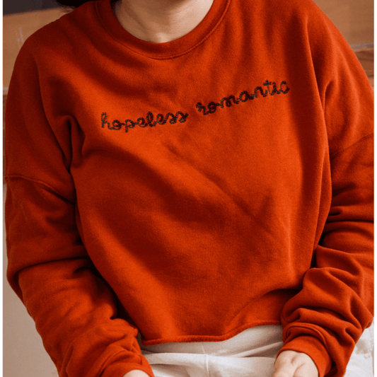 Hopeless Romantic Embroidered Crop Sweatshirt - The Bean Workshop - book lover, bookish, coquette, crop top, cute, embroidered, minimalistic, sweatshirt