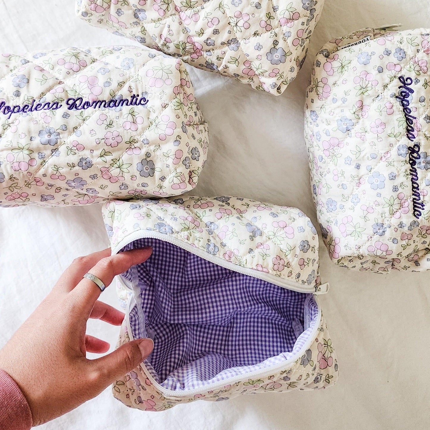 Hopeless Romantic Quilted Cotton Makeup Bag - The Bean Workshop - bow, coquette, kindle bag, makeup bag, quilted pouch, reading accessories