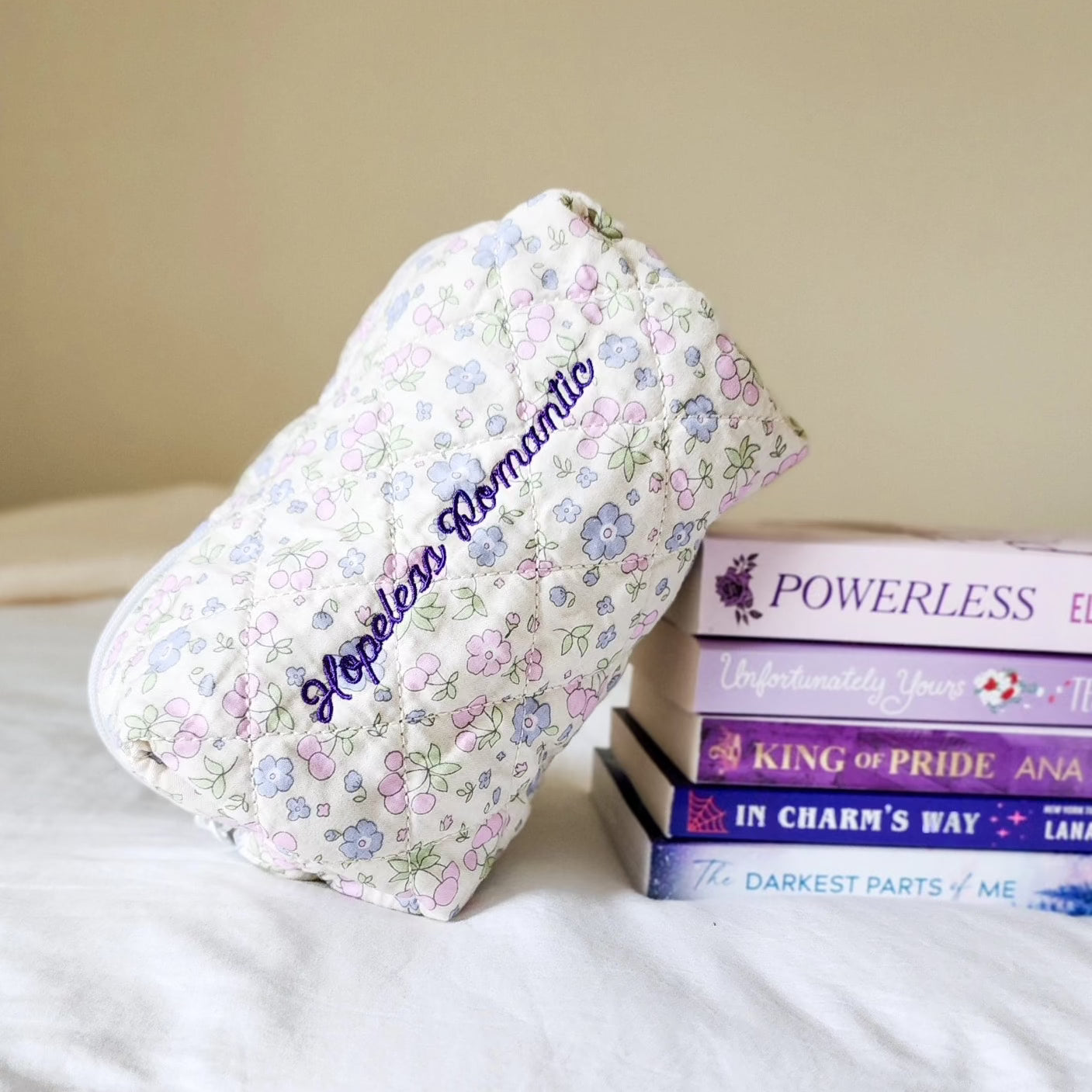 Hopeless Romantic Quilted Cotton Makeup Bag - The Bean Workshop - bow, coquette, kindle bag, makeup bag, quilted pouch, reading accessories