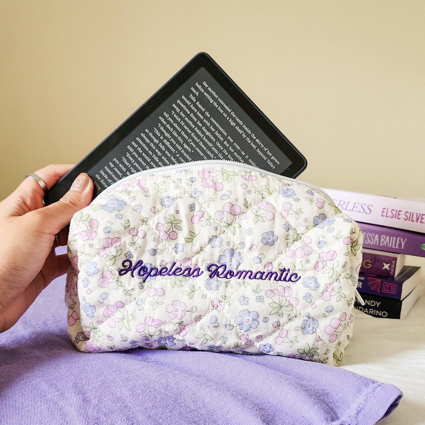Hopeless Romantic Quilted Cotton Makeup Bag - The Bean Workshop - bow, coquette, kindle bag, makeup bag, quilted pouch, reading accessories