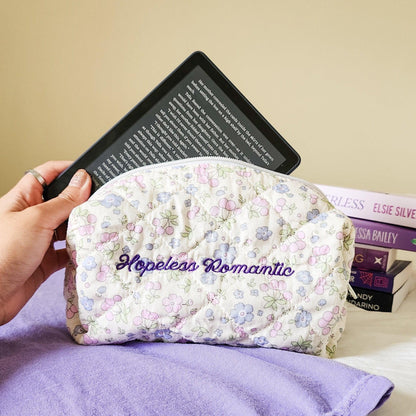 Hopeless Romantic Quilted Cotton Makeup Bag - The Bean Workshop - bow, coquette, kindle bag, makeup bag, quilted pouch, reading accessories
