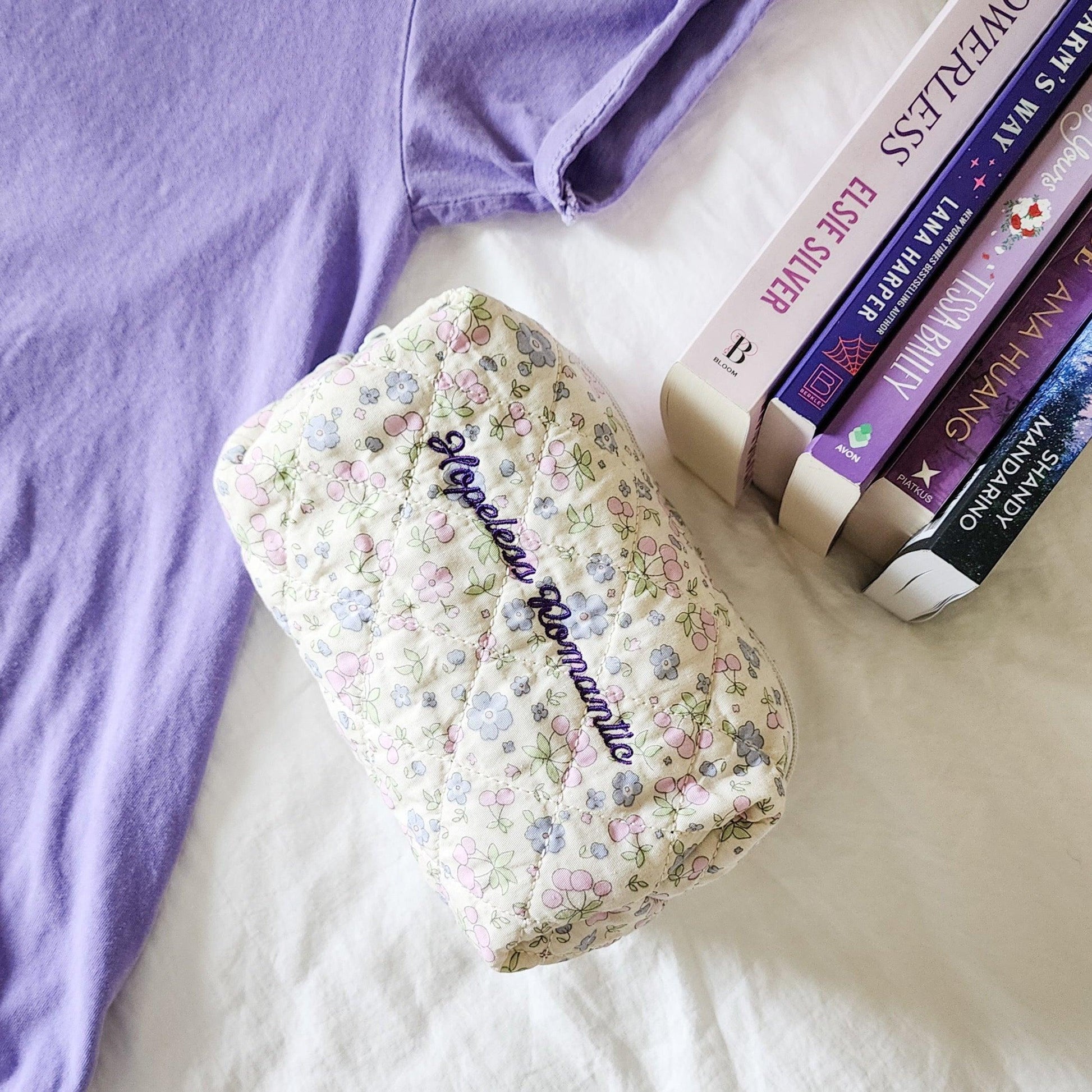 Hopeless Romantic Quilted Cotton Makeup Bag - The Bean Workshop - bow, coquette, kindle bag, makeup bag, quilted pouch, reading accessories