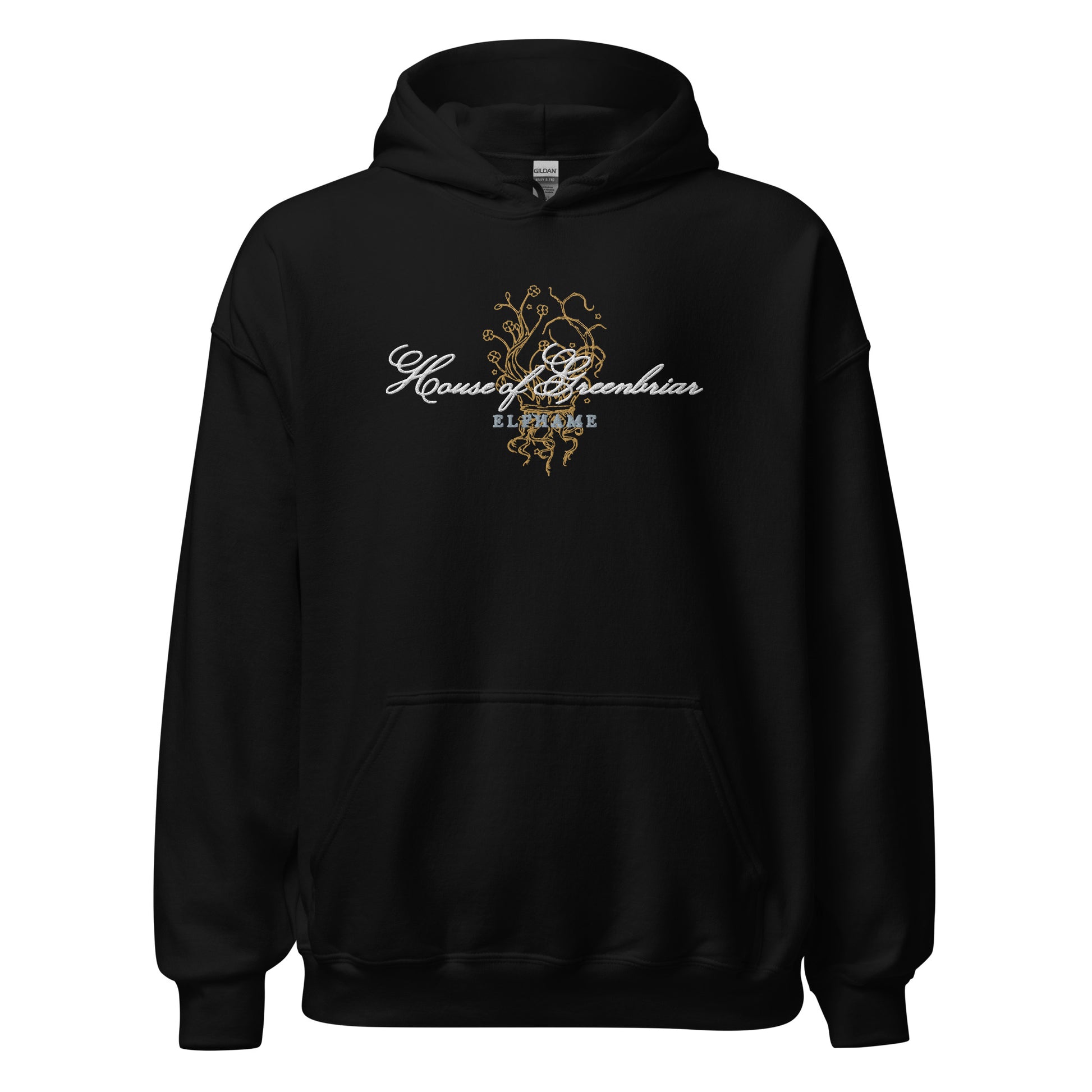 Black unisex hoodie with gold and white 'House of Greenbriar ELFHAME' bookish design on front