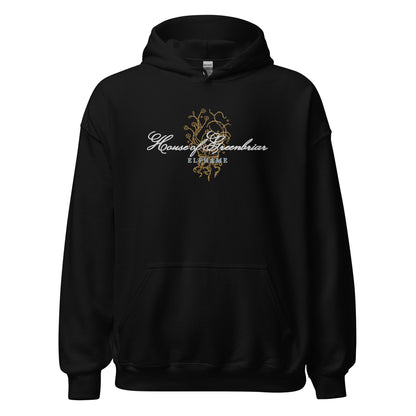 Black unisex hoodie with gold and white 'House of Greenbriar ELFHAME' bookish design on front