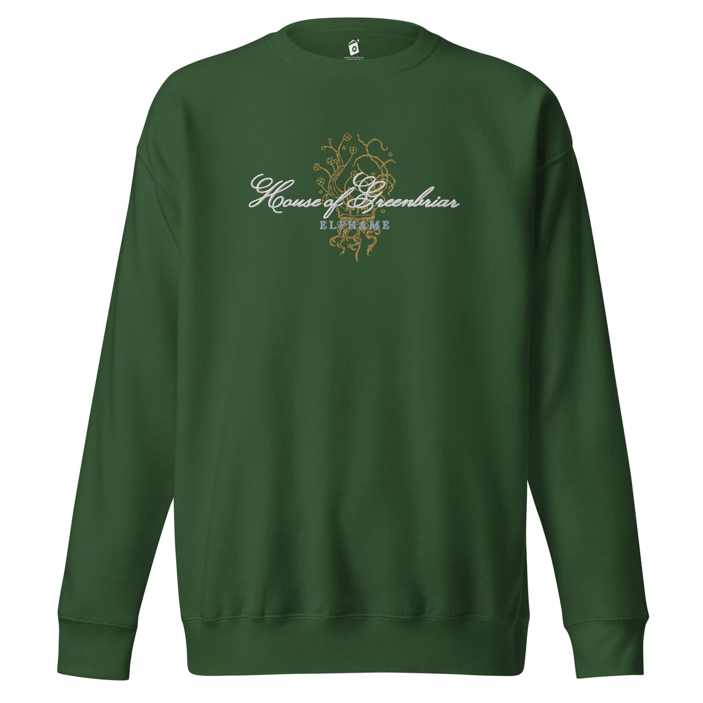 Forest green unisex sweatshirt with 'House of Greenbriar' and gold botanical design on front