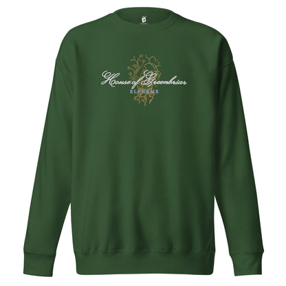 Forest green unisex sweatshirt with 'House of Greenbriar' and gold botanical design on front
