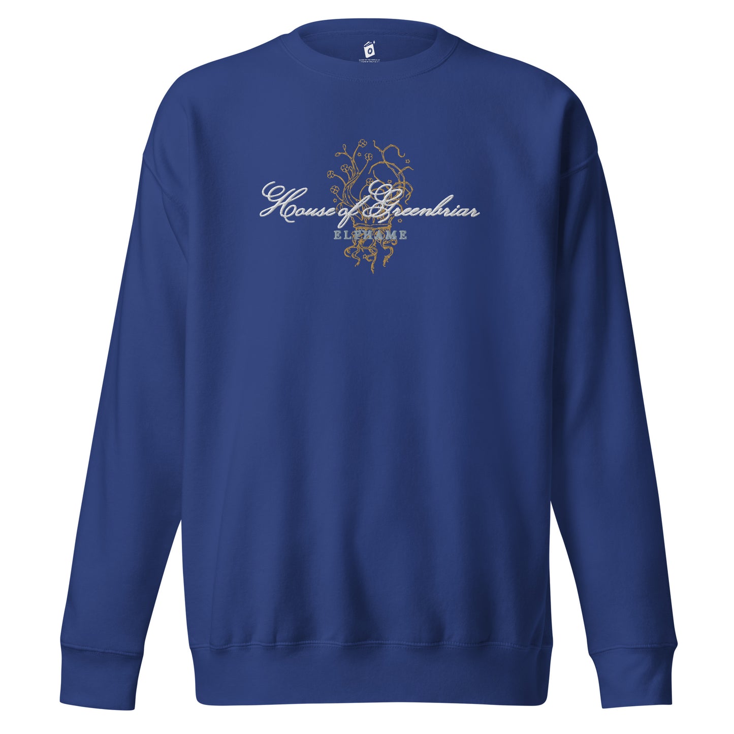 Unisex royal blue sweatshirt with 'House of Greenbriar' script and gold vine design