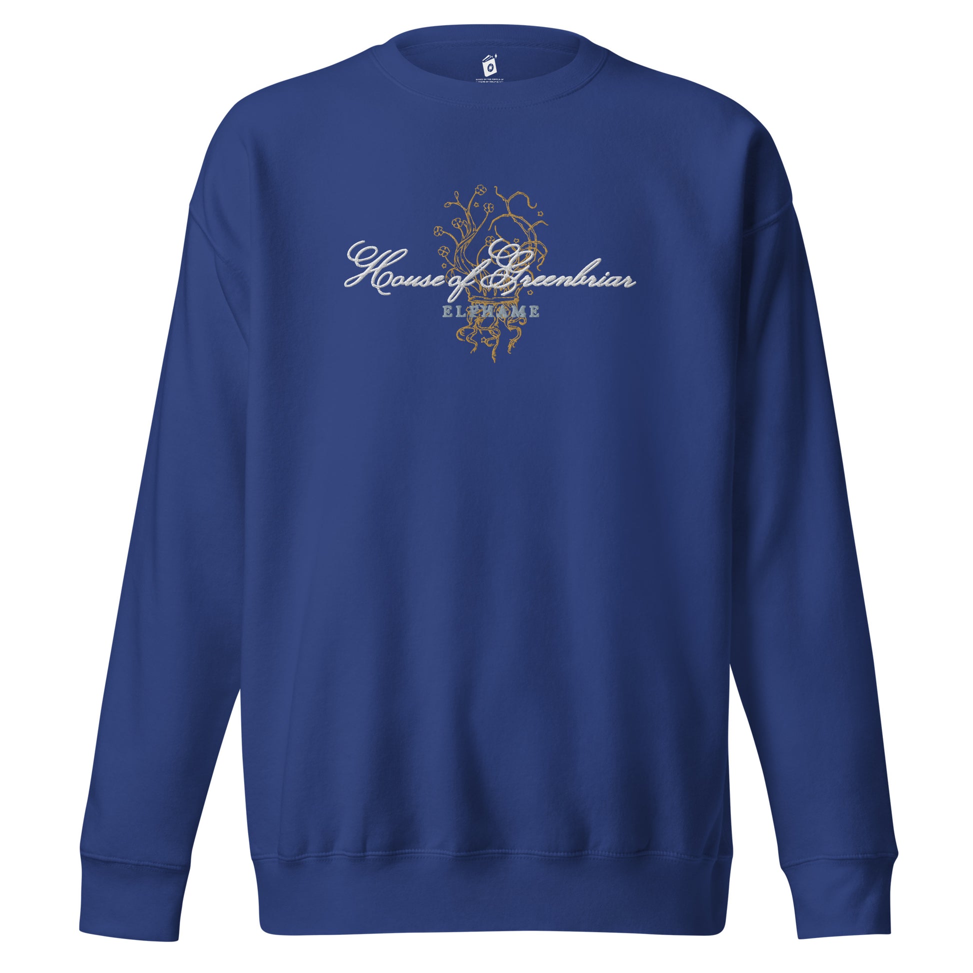 Unisex royal blue sweatshirt with 'House of Greenbriar' script and gold vine design