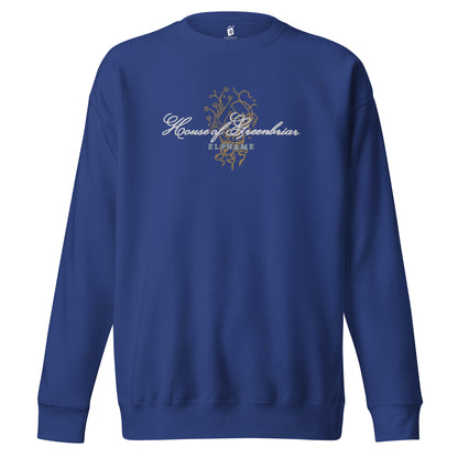 Unisex royal blue sweatshirt with 'House of Greenbriar' script and gold vine design