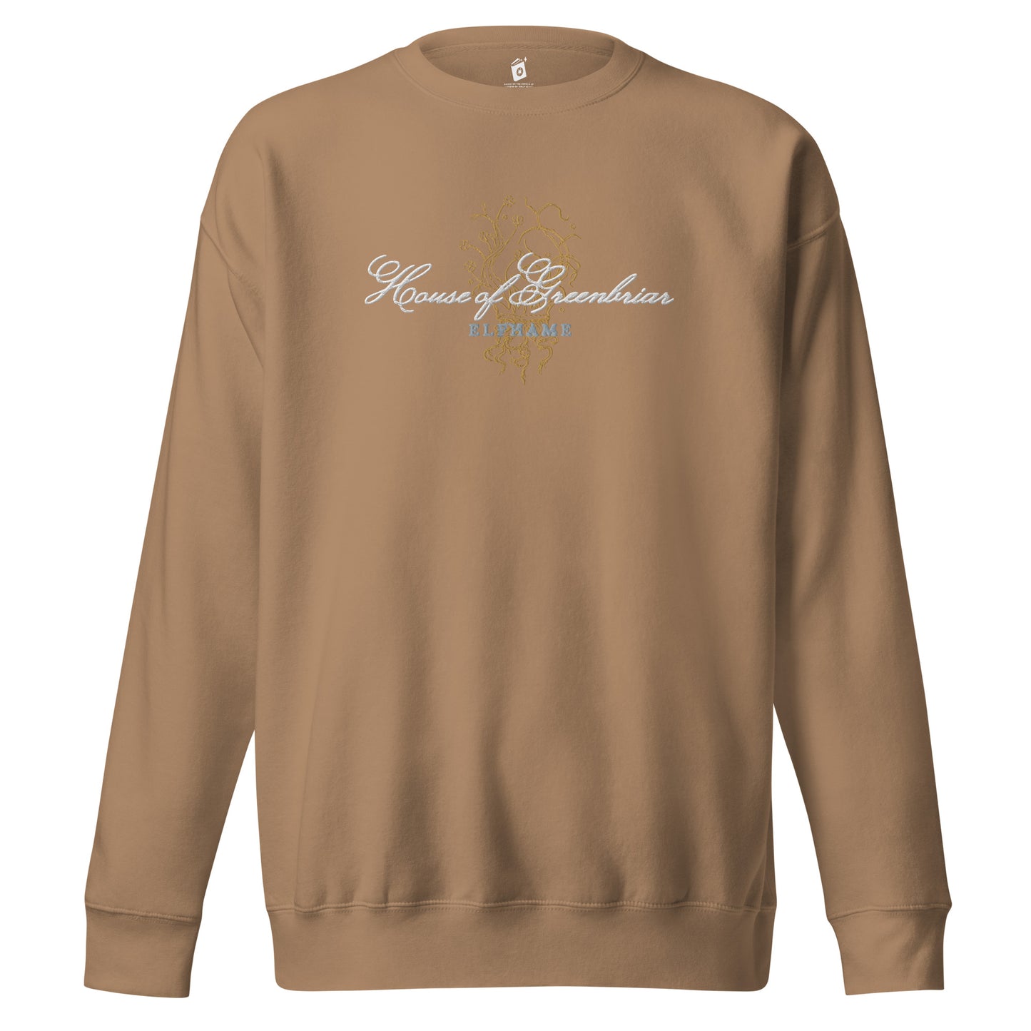 Unisex latte sweatshirt with 'House of Greenbriar' and 'ELFHAME' bookish graphic print