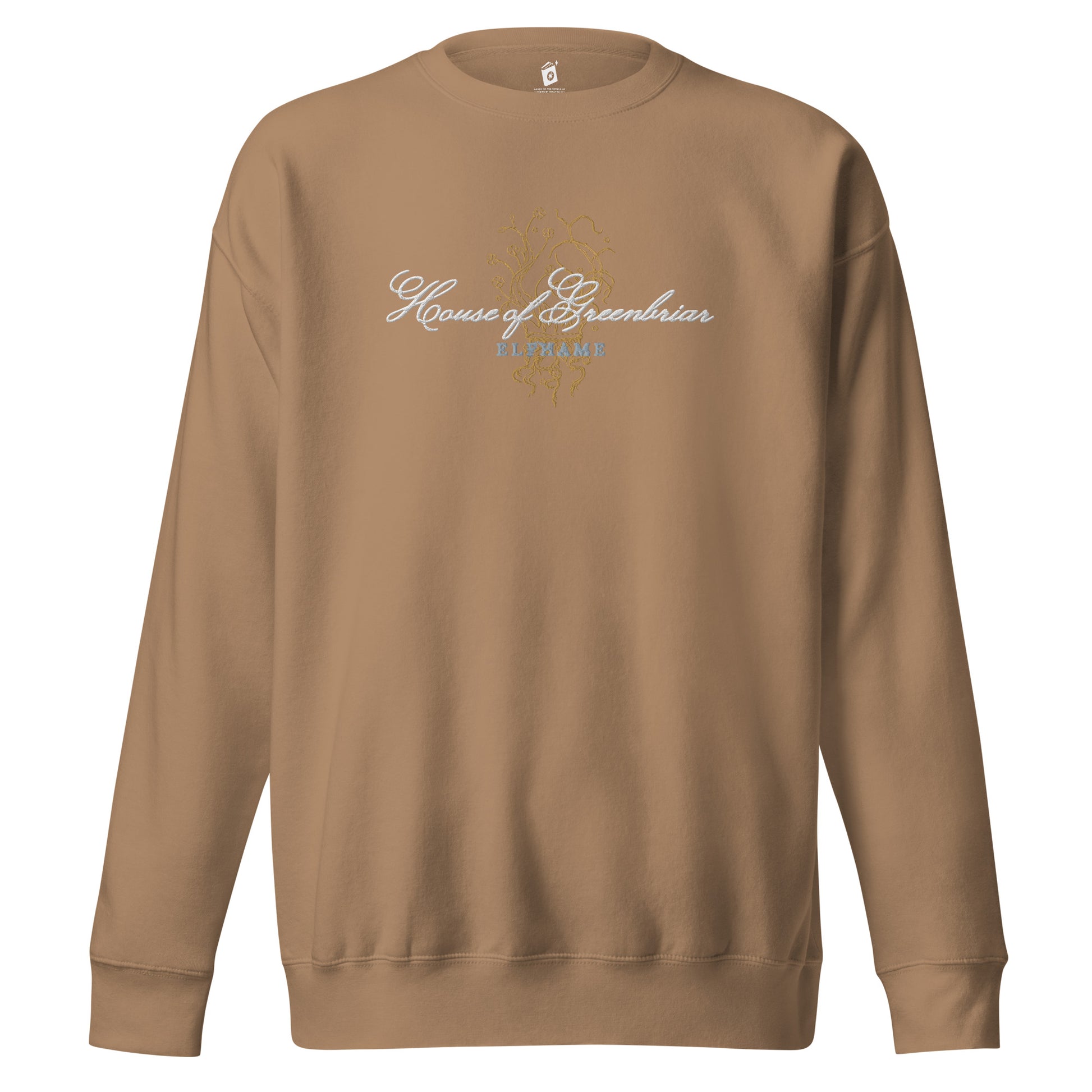 Unisex latte sweatshirt with 'House of Greenbriar' and 'ELFHAME' bookish graphic print