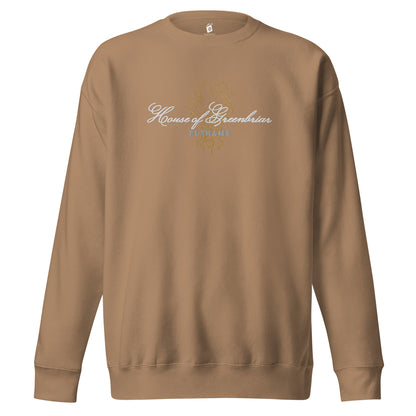 Unisex latte sweatshirt with 'House of Greenbriar' and 'ELFHAME' bookish graphic print