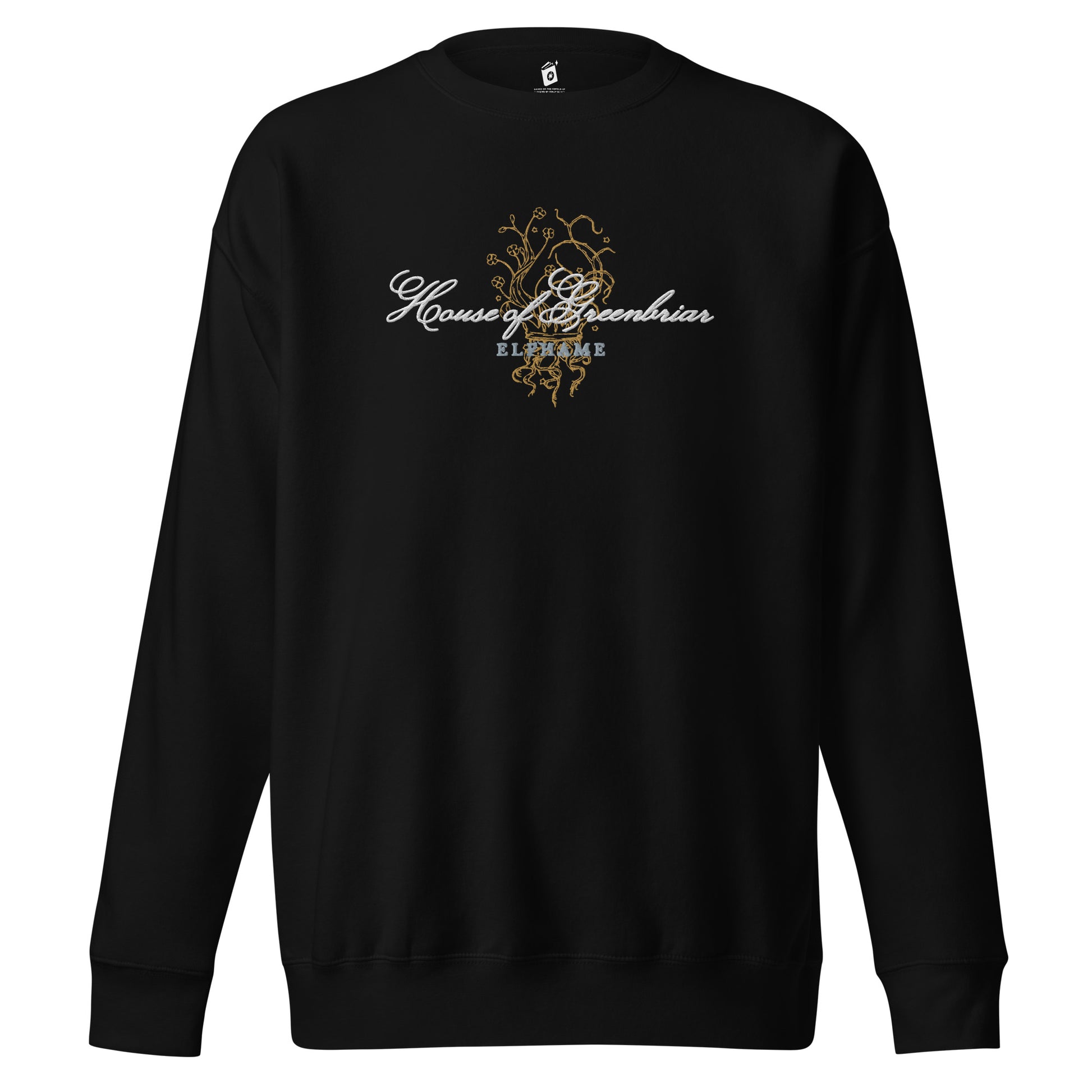 Black unisex sweatshirt with 'House of Greenbriar Eltome' gold vine design on front