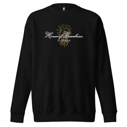 Black unisex sweatshirt with 'House of Greenbriar Eltome' gold vine design on front